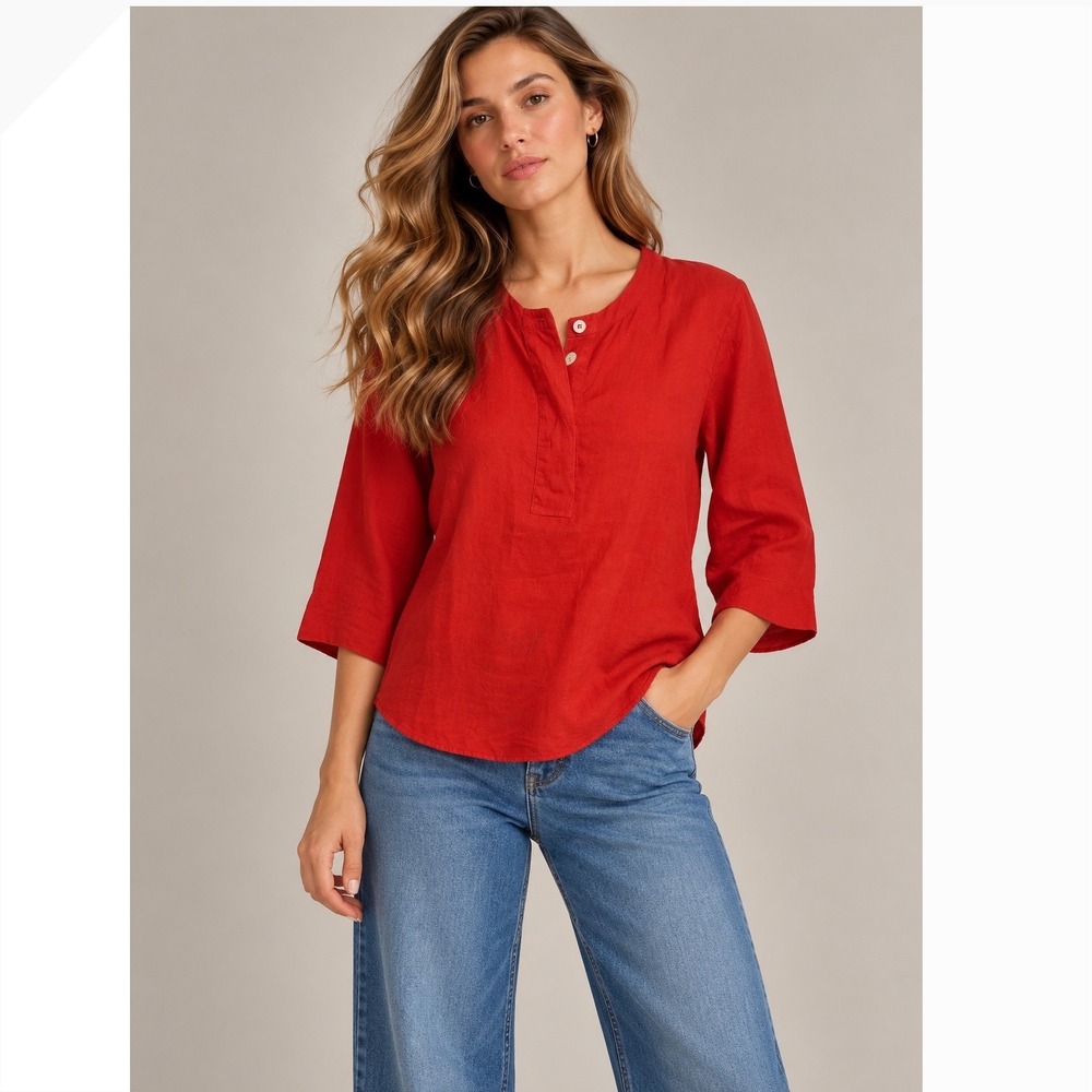 J.Crew Women Red-Orange‎ Popover Tunic Top XS 3/4 Sleeve High Low 100% Linen